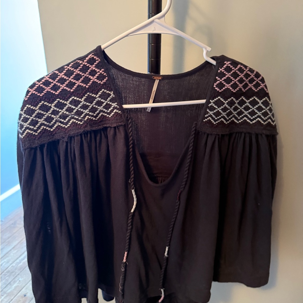 Black Boho Top with Pink and White Embroidery. Free people.